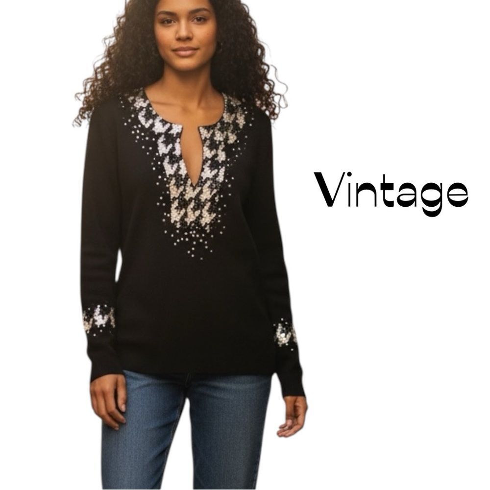 Vintage Berek Black Hand Beaded Sequined Sweater Size L Whimsical